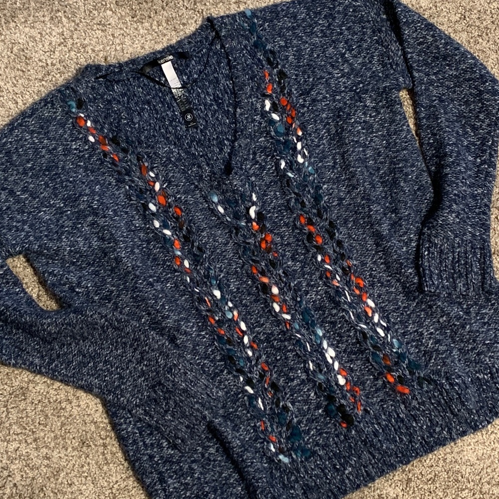 Kensie Blue Marled V-Neck Cable Sweater